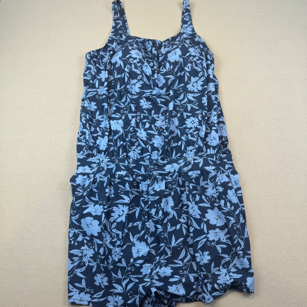 Bloomchic 22-24 Swim Romper Women Blue Floral Adjustable Straps Padded